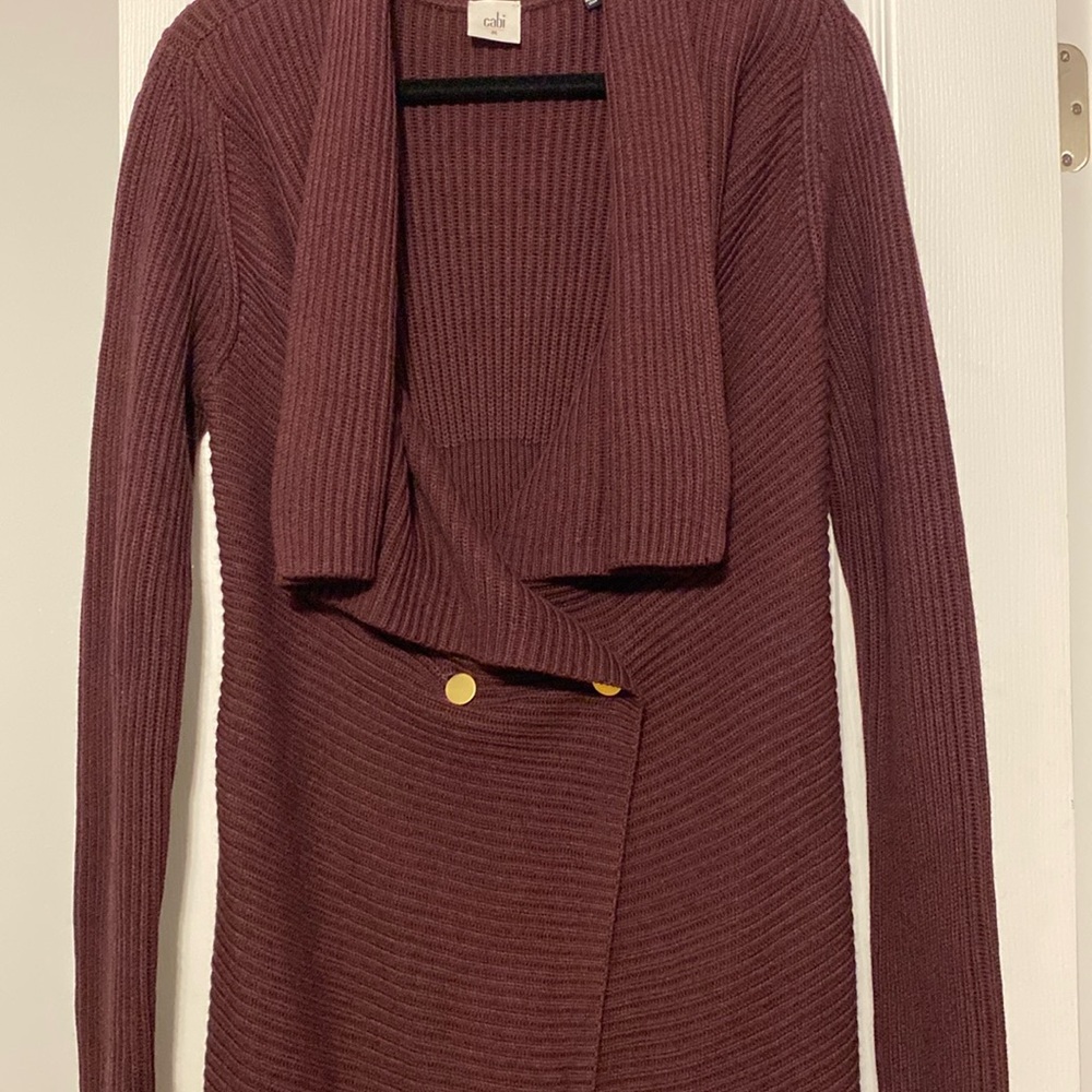 CAbi Ribbed Maroon Open Cardigan with Gold Buttons